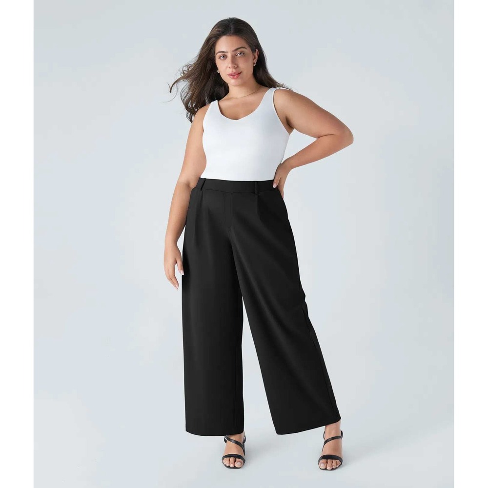 Halara Black Wide Leg Trousers Pleated Front Women Dress Pants Pockets size L - Picture 2 of 13